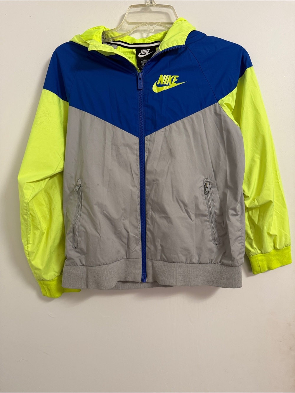 Nike Youth Boys Kids Colorblock Hooded Windbreaker - Neon Yellow, Blue, Gray